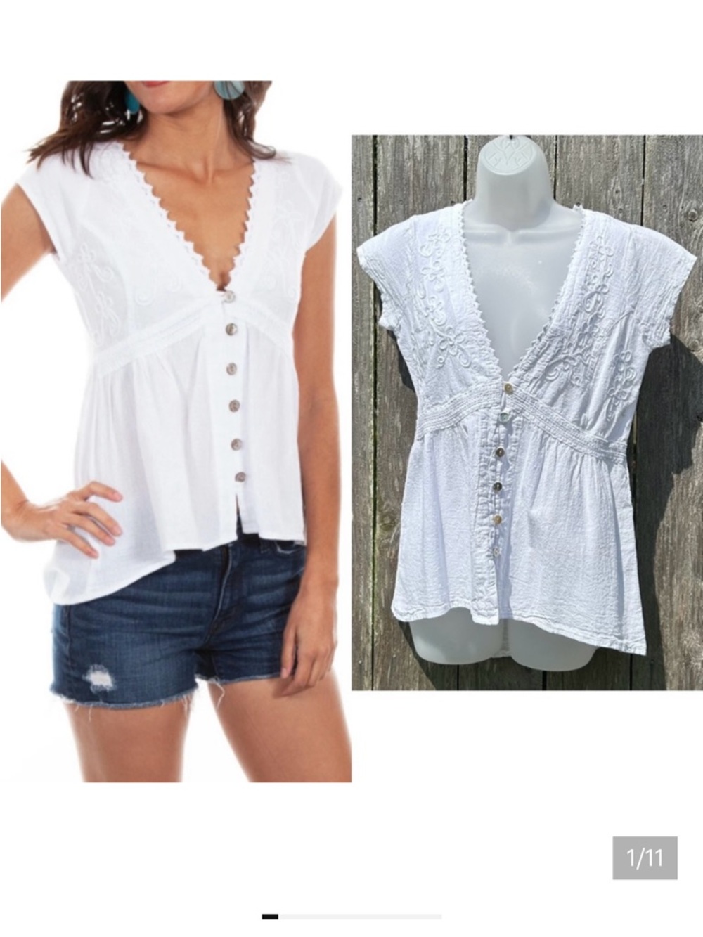 SCULLY‎ Sz S White Peruvian Cotton Embroidered Short Sleeve Button Blouse Top